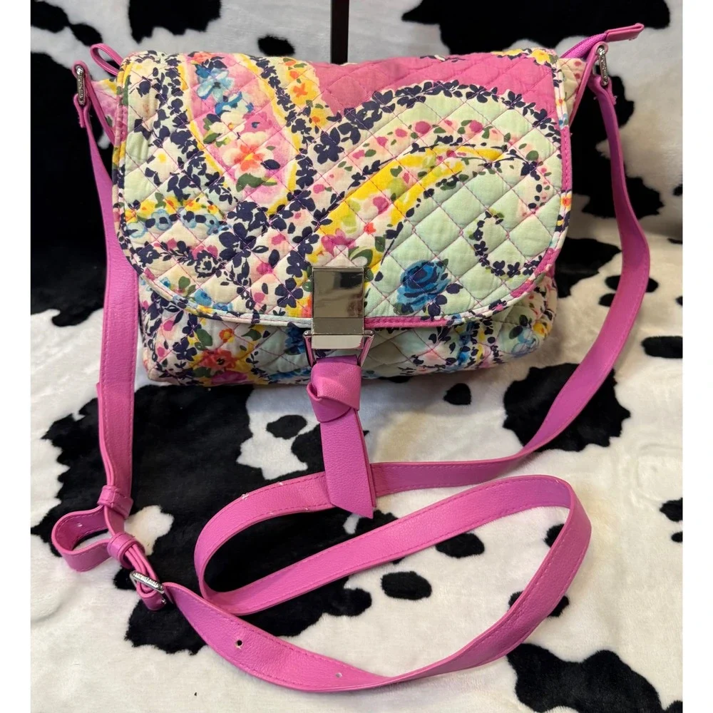 Vera Bradley Floral‎ Quilted Crossbody Bag Pink Trim 22810-179 Multi Color